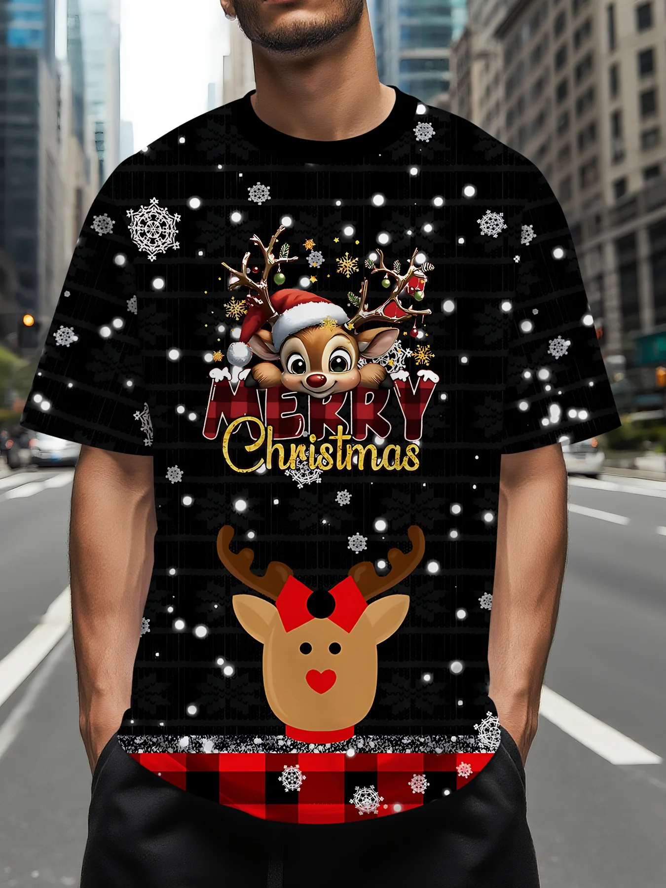 New Men's T Shirt 3D Cartoon Christmas Elk Pattern Pronted Short Sleeve Tops Casual Crew Neck Loose Fashion X'mas Party Clothing
