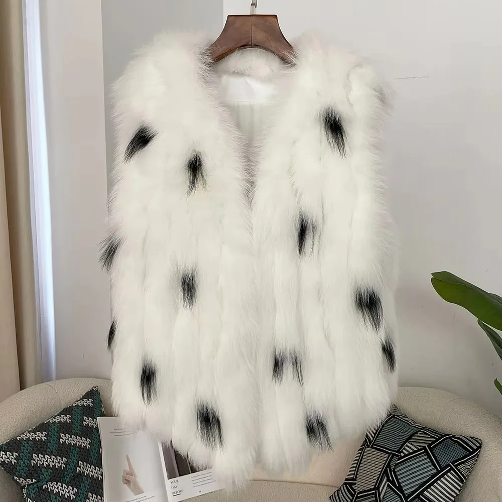 여성용 진짜 여우 모피 재킷, 민소매 천연 가죽 조끼, 두껍고 따뜻한 코트, 양면 우아한 브이넥 재킷, 2024 겨울