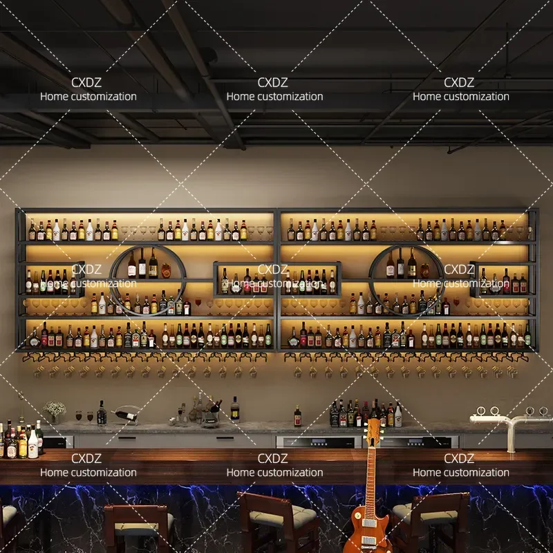 Wall Mounted Wine Rack Wrought Iron Bar Shelf Luminous Display Stand Creative Storage Cabinet for Restaurant Home Decor