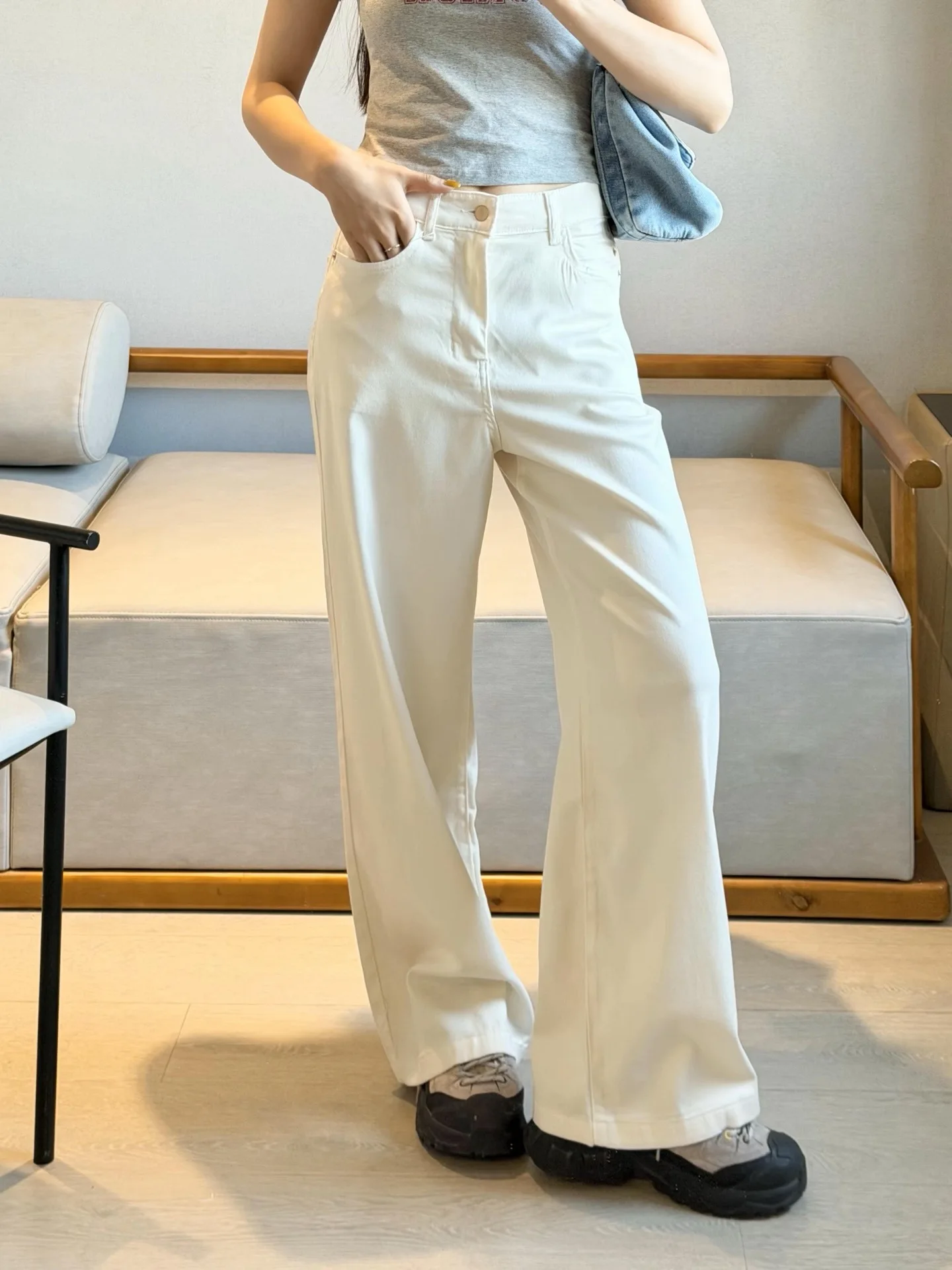 

Spring Summer New Women's Wide Leg Pants Cotton Blend Casual Slimming High Waist Zipper Fly Denim Trousers Ladies Premium Jeans