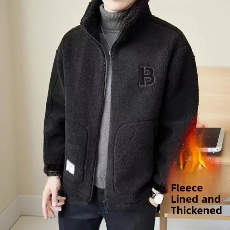 

Lamb Velvet Thiened Winter Jaet for Men Casual Warm Cotton Coat Loose Fit Polyester Fiber Fill Faion Urban Sle