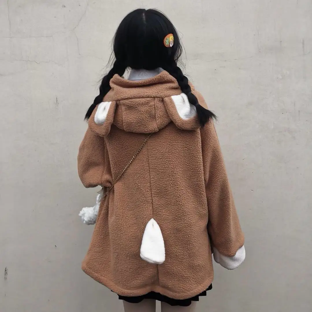 New Korean version of the soft girl student loose wild cute bear ears hooded imitation lamb hoodie female lolita cosplay clothes