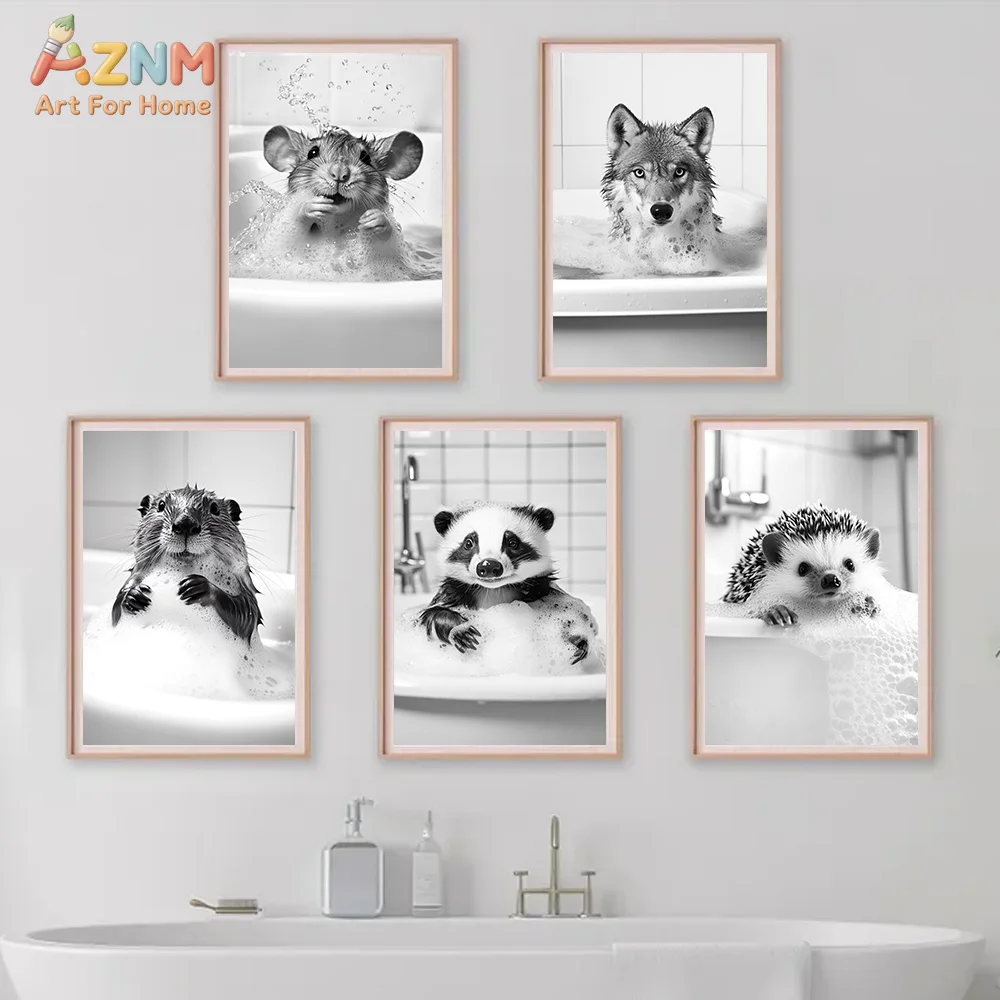 AZNM Lienzo Decorativo de Animales Divertidos en Blanco y Negro: Lobo, Mapache, Erizo, Rata, Castor, Diseño de Burbujas de Baño, Lienzo sin Marco, Estilo Minimalista para Baño