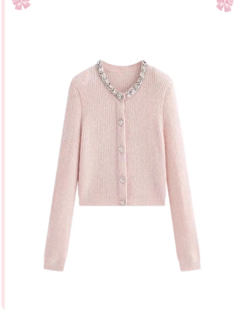 

Pink round Ne Knitted Sweater Coat Women's ort Sle Autumn Winter Lazy Faion Chic Top Polyester Fiber Long Sve Button