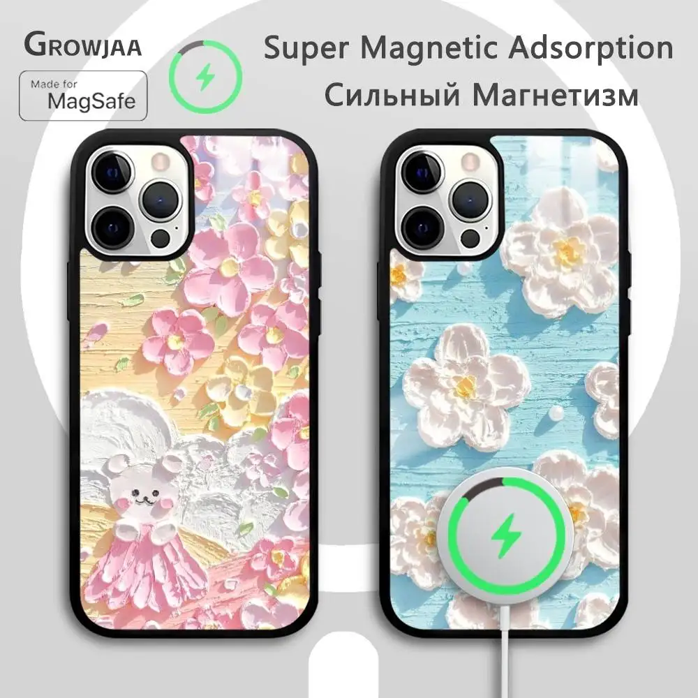

Gentle Oil Painting Flowers Phone Case For IPhone 16 15 14 13 12 11 Pro Max Plus Mini Magsafe Mirror Wireless Magnetic Funda