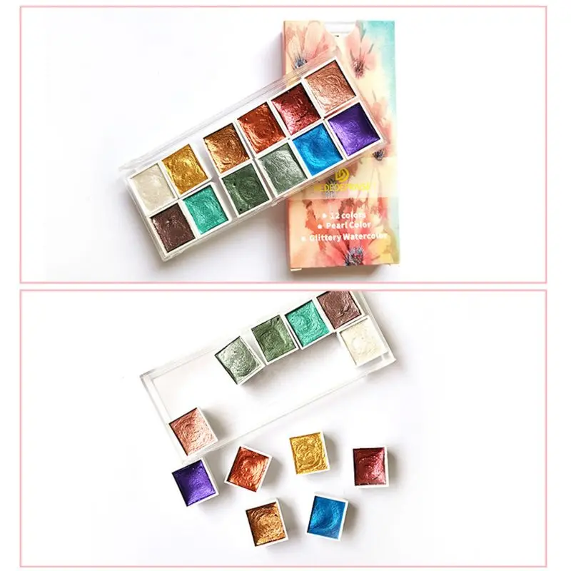 Parctical Watercolor Pigment Glitter Solid Paints 6/12 Colors Strong Coverage for Students Kids Beginner Artist Present