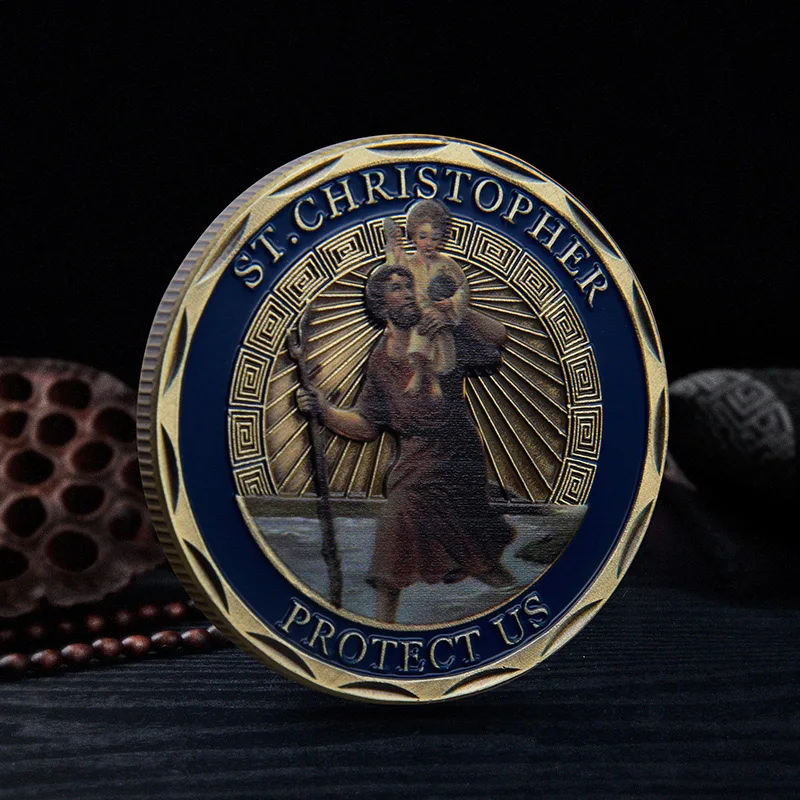 Pièce de monnaie commémorative religieuse Saint Christophe, saint patron des voyageurs, avec la prière « Protège-nous »