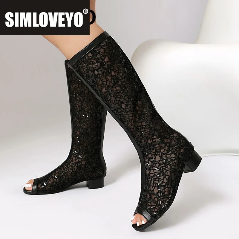 

SIMLOVEYO 2025 г., новый дизайн, женские сандалии с открытым носком, блочные каблуки на молнии, дышащая сетка, летние туфли до колена для свиданий, 43, 44, 45, 46