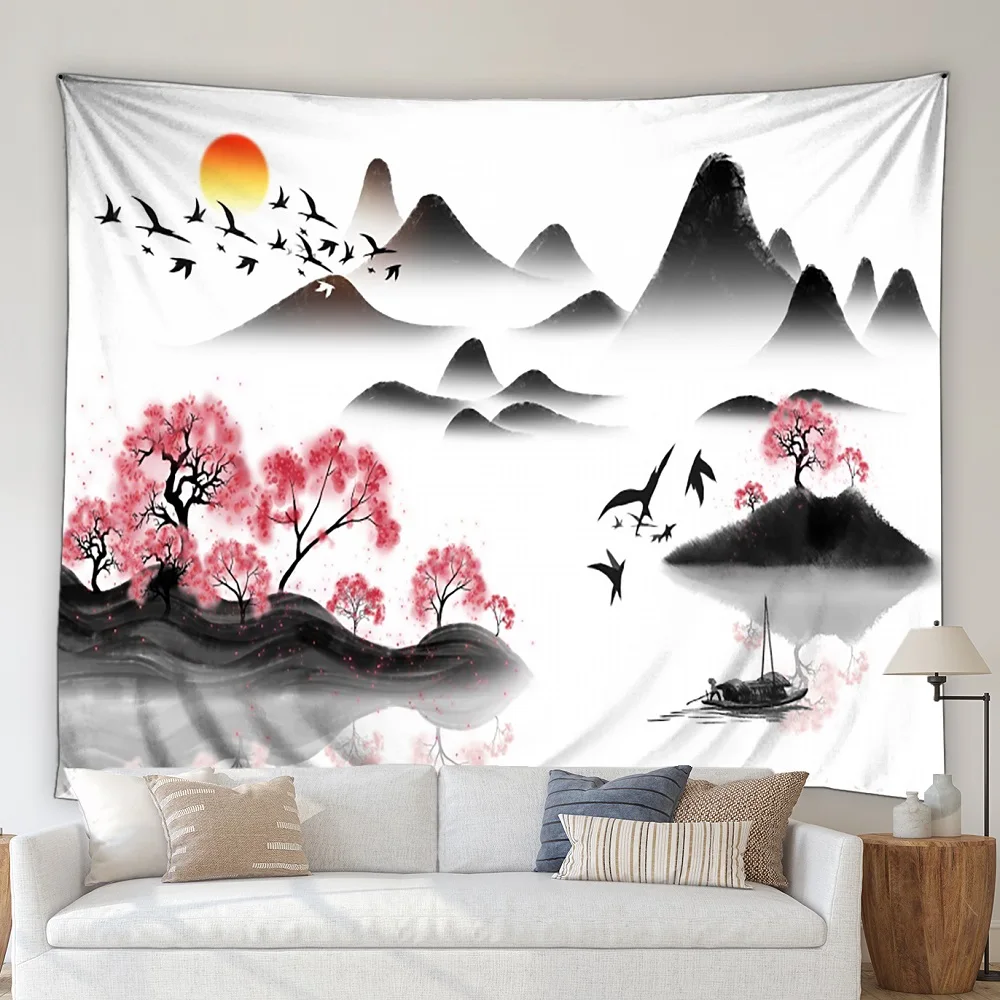 

Ink Natural landscape Tapestry Iandscape Painting Black and Red Retro ink Art wall living Room Decoration