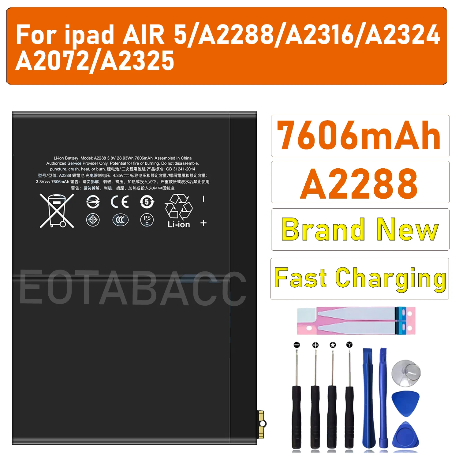 

2025 Years EOBATACC New 100% Original Battery A2288 7606mah For ipad Air 5/A2288/A2316 /A2324/A2072/A2325 atteries + Free Tools
