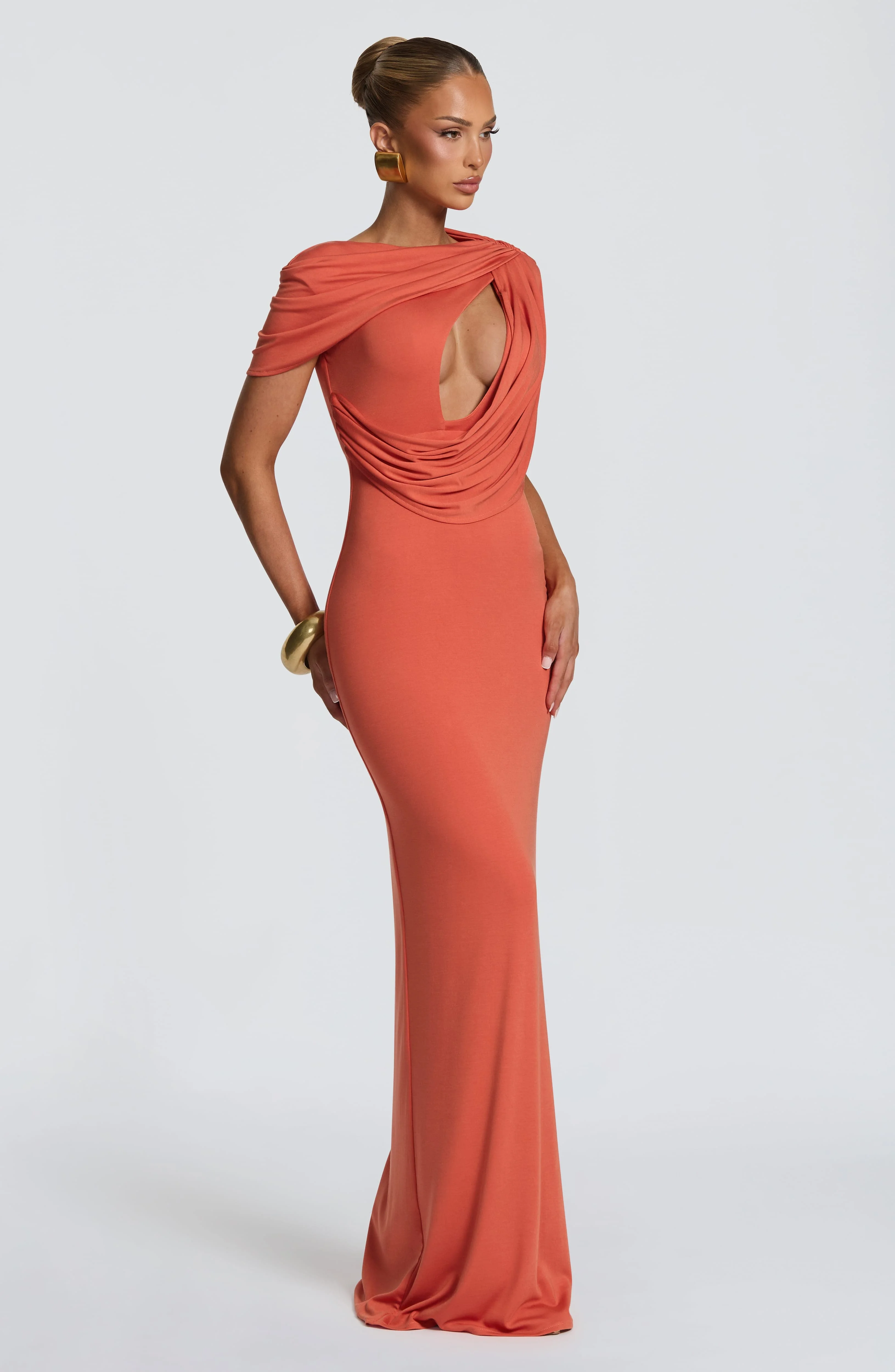 One Shoulder Draped Cutout Maxi Dress Hollow Out Sexy Bodycon Mermaid Long Evening Gown Elegant Formal Wedding Party Dress - view 3