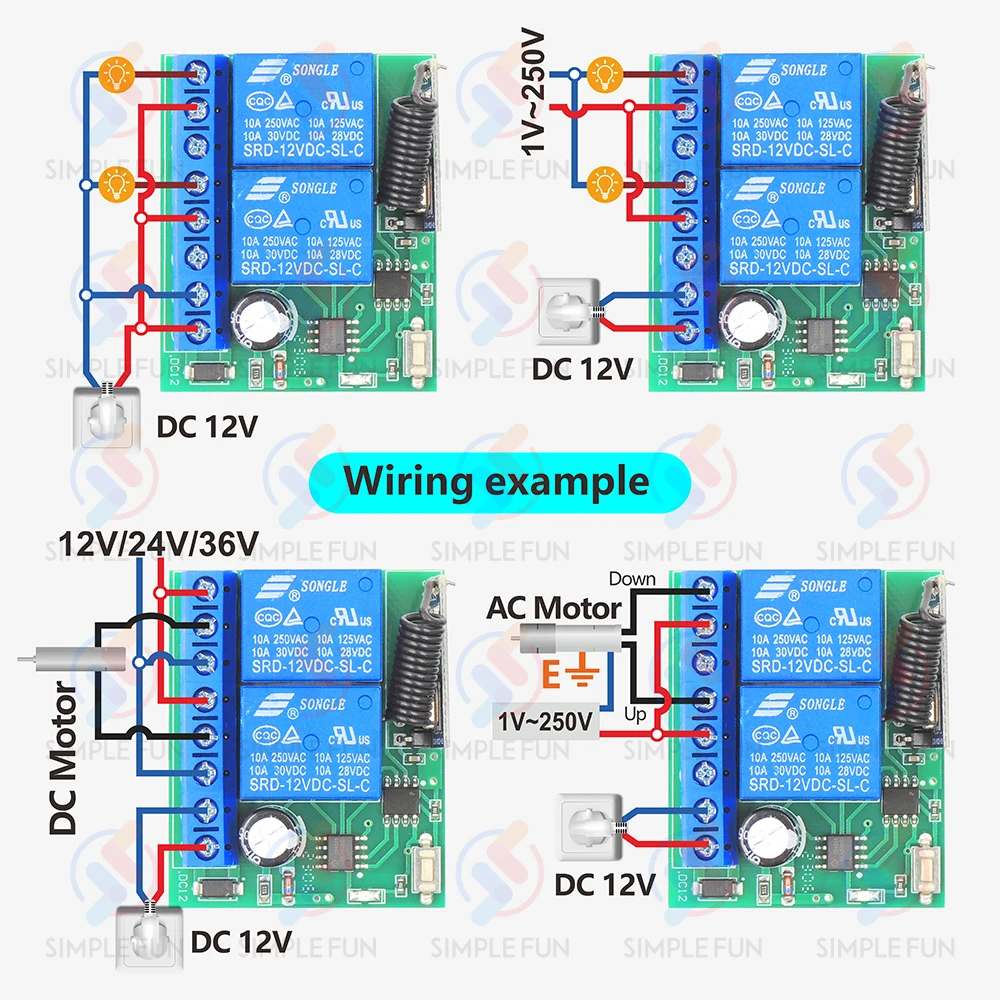 433MHz Universal Wireless Remote Control Switch DC 12V 2 CH Motor Light Relay Switch 50m Control Range,for Light/Gate/Motor/DIY