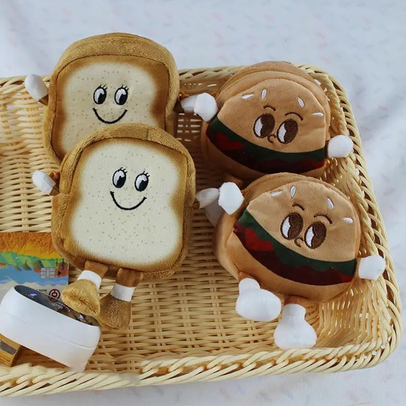 Zipper Money Wallet Toast Hamburger Coin Bag Money Holder Small Change Purse Keychain Plush Coin Purse Keychain For Kids