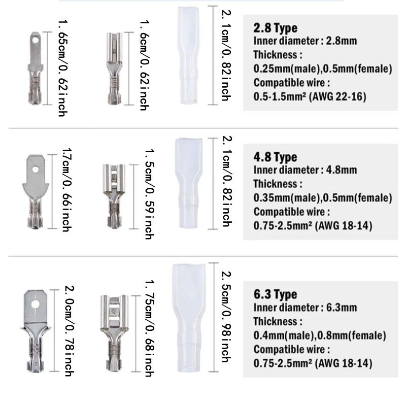 Terminale a crimpare imballato in scatola, femmina e maschio, 2.8/4.8/6.3mm, connettore elettrico per cavi, terminale di aggancio per cavi, pinze a