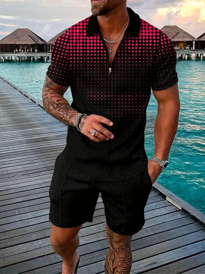 Summer Sequin Splicing 3D Print Men\'s Zipper Collar Tracksuit Trend Polo Shirt Fashion Shorts 2pcs Sets Men\'s Streetwear Set