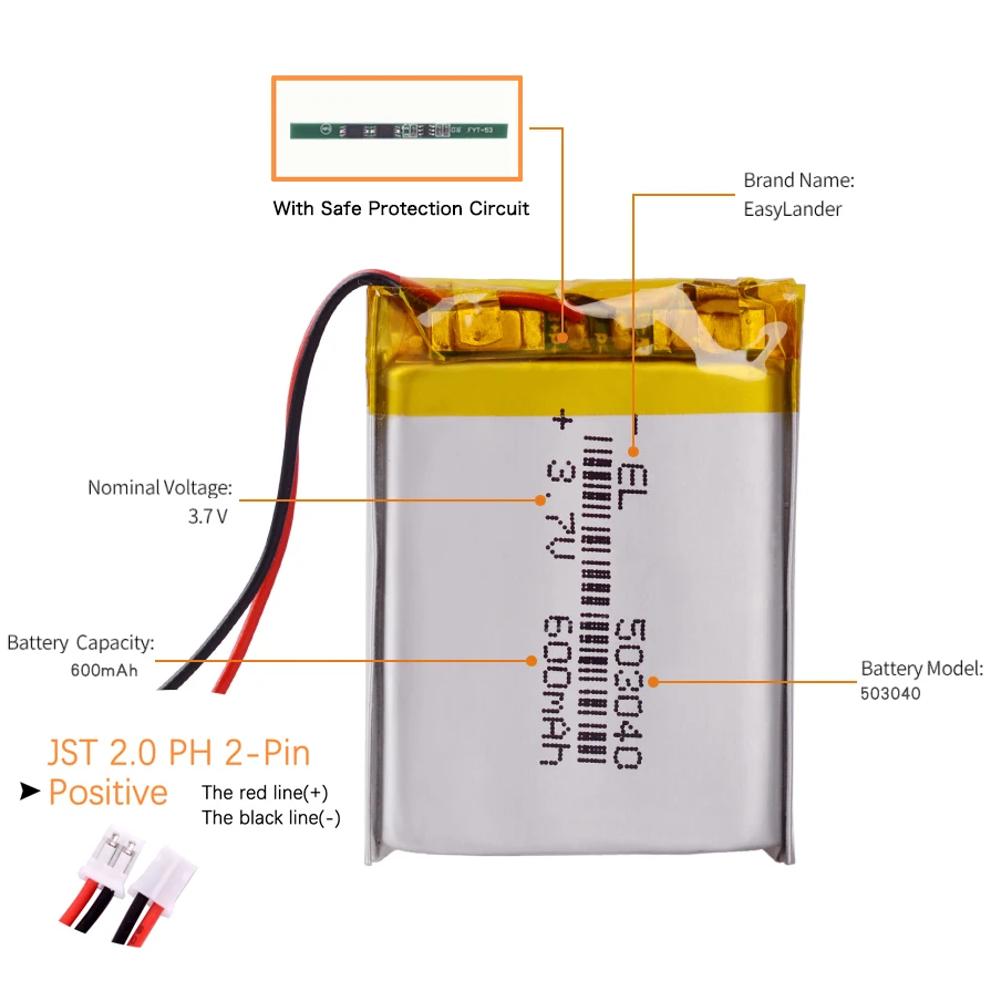 1/5Pcs Silicone Wires 503040 3.7V 600mAh Lipo Lithium Polymer Rechargeable battery JST 2.0mm 2Pin