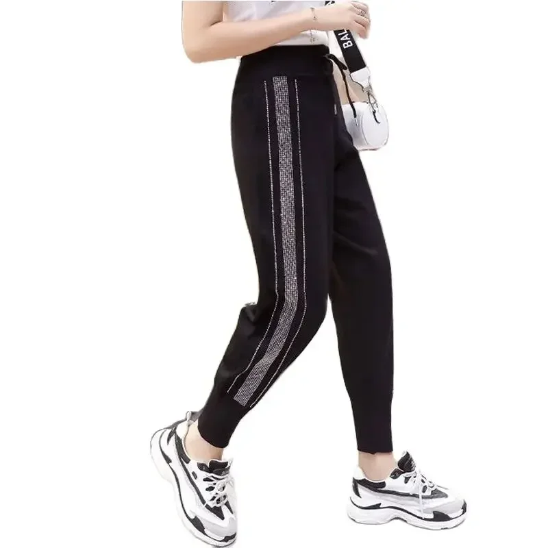 Loose Fit Black Knitted Harem Pants for Women with Diamond Rhinestone Decoration Elastic Waistband Sweatpants Cropped Pants