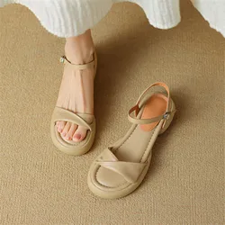 New Summer Sandals Split Leather Roman Sandals Casual Buckle Strap Summer Shoes for Women Chunky Heel Women Shoes Zapatos Mujer