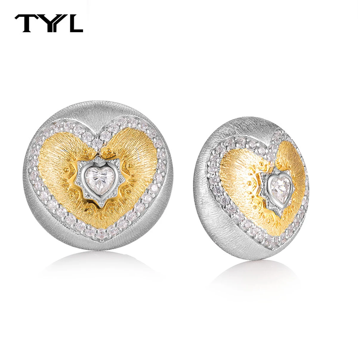 

TYYL Original New Jewelry Silver Color Brushed Stud Earrings Gold Plated Heart Zircon Flower Earring for Women Ear Accessories