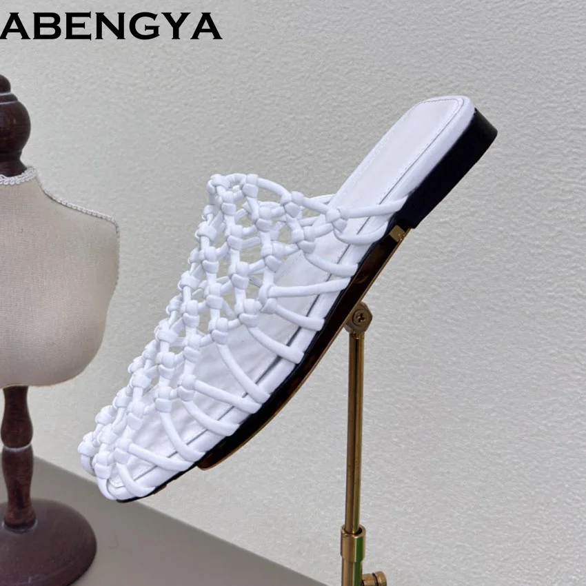 

Summer Hollow Out Slides Weave Leather Flat Half Slippers Holiday Beach Flat Shoes Square Toe Women's Slippers 2025