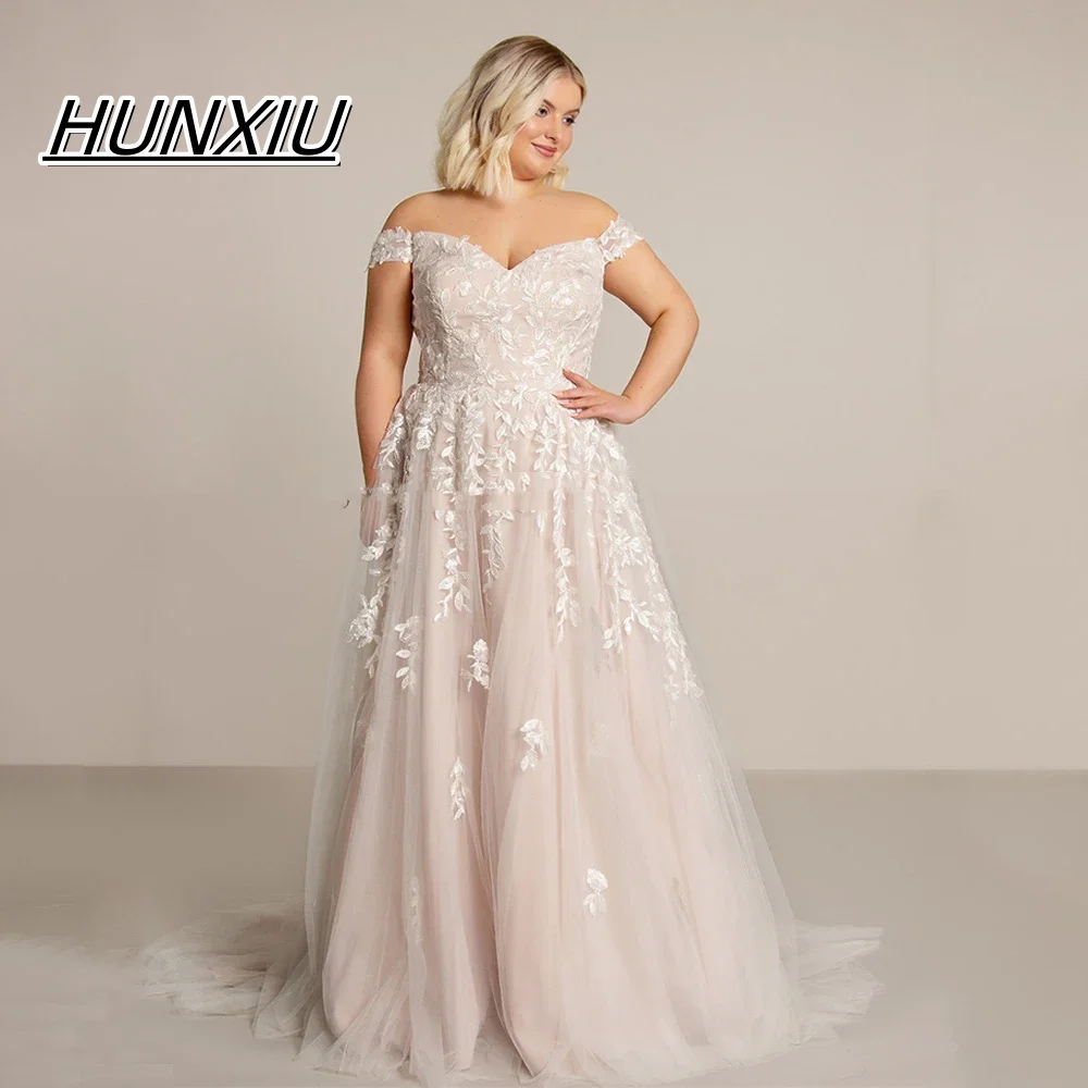 Vestido de casamento personalizado para noiva, plus size, ombro de fora, decote em v, renda, comprimento do chão, robe de mariee elegante