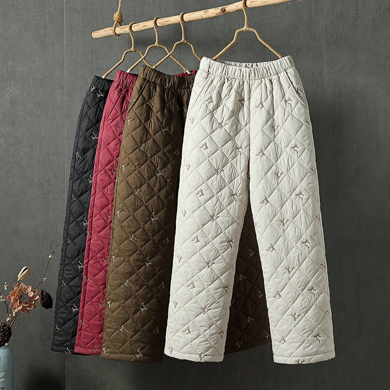 

Women Winter Warm Pants Elastic Waist Cotton Padded Quilted Thermal Trousers Lady Outerwear Embroidery Straight Wide-leg Pants