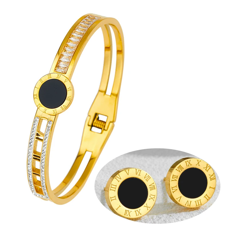 مجموعة مجوهرات نسائية بأرقام رومانية - سوار وأقراط من العقيق الأسود، مجوهرات فاخرة ذات لون ذهبي للحفلات والهدايا