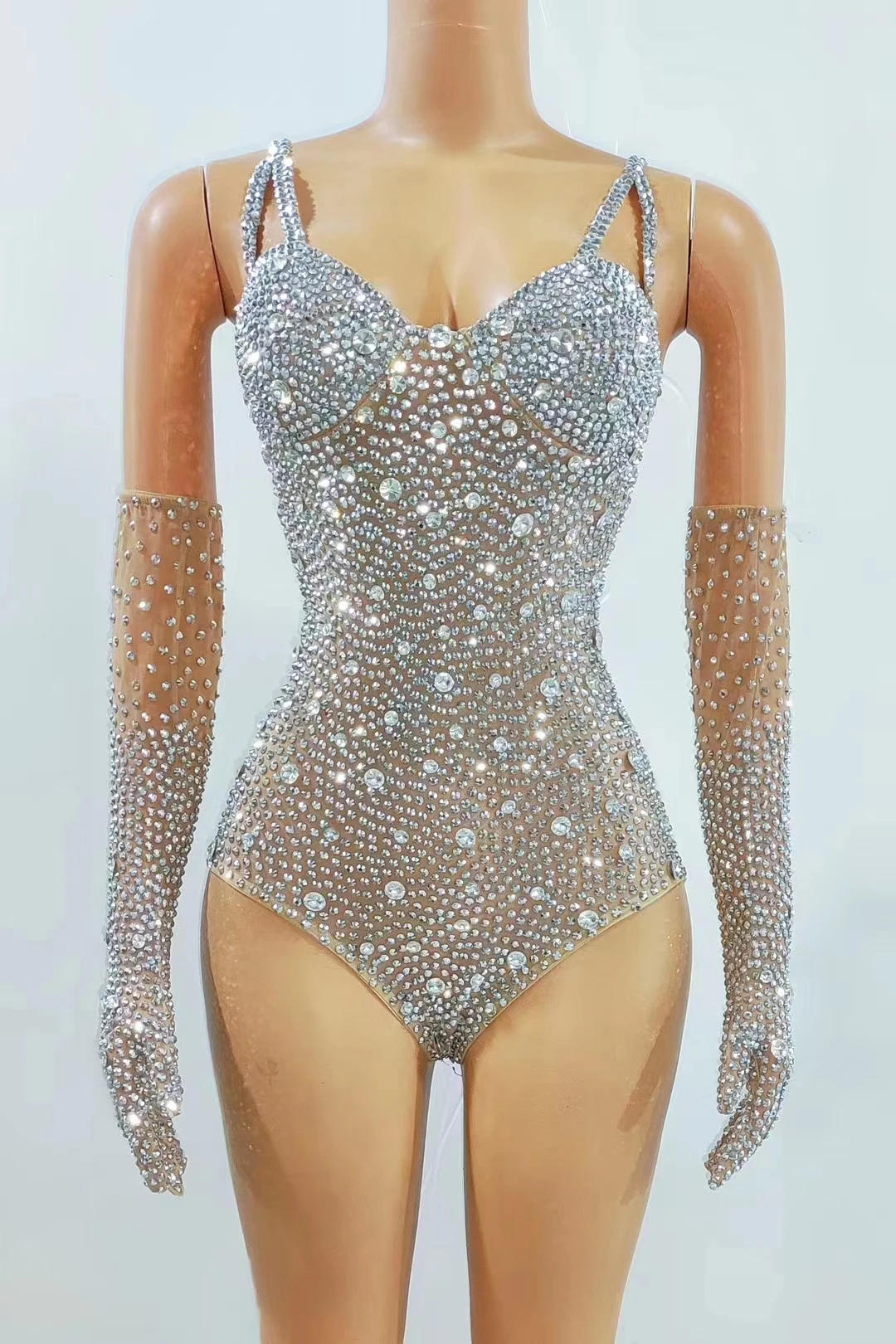 Luxurious Rhinestones Leotard Gloves Women Party Birthday Nightclub Bodysuit Sexy Mesh Performance Dance Costume Stage Wear