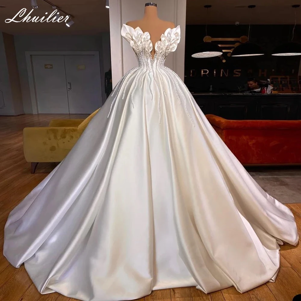 Lhuilier Customized Women\'s A Line V Neck Satin Wedding Dresses Elegant Sleeveless Pearls Beaded Bridal Gown with Chapel Train