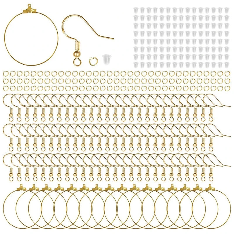 624 Pcs Diy Hanger Earring Ear Plug Opening Ring Set Golden Earrings Hook Earring Making for Diy Jewelry Making DIY