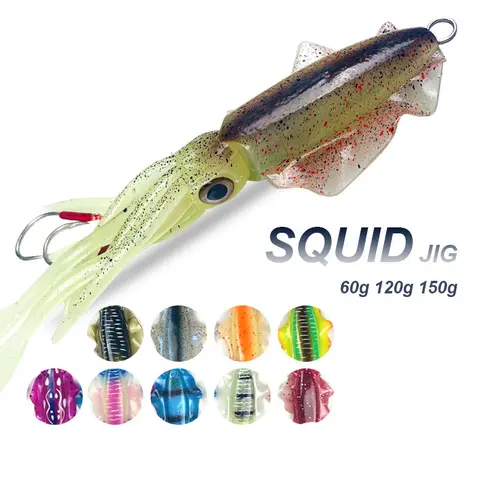 60g120g150g Silicone Soft Artificial Rubber Luminous UV Squid Jig Fishing Lures For Sea Fishing Trolling Wobbler Bait