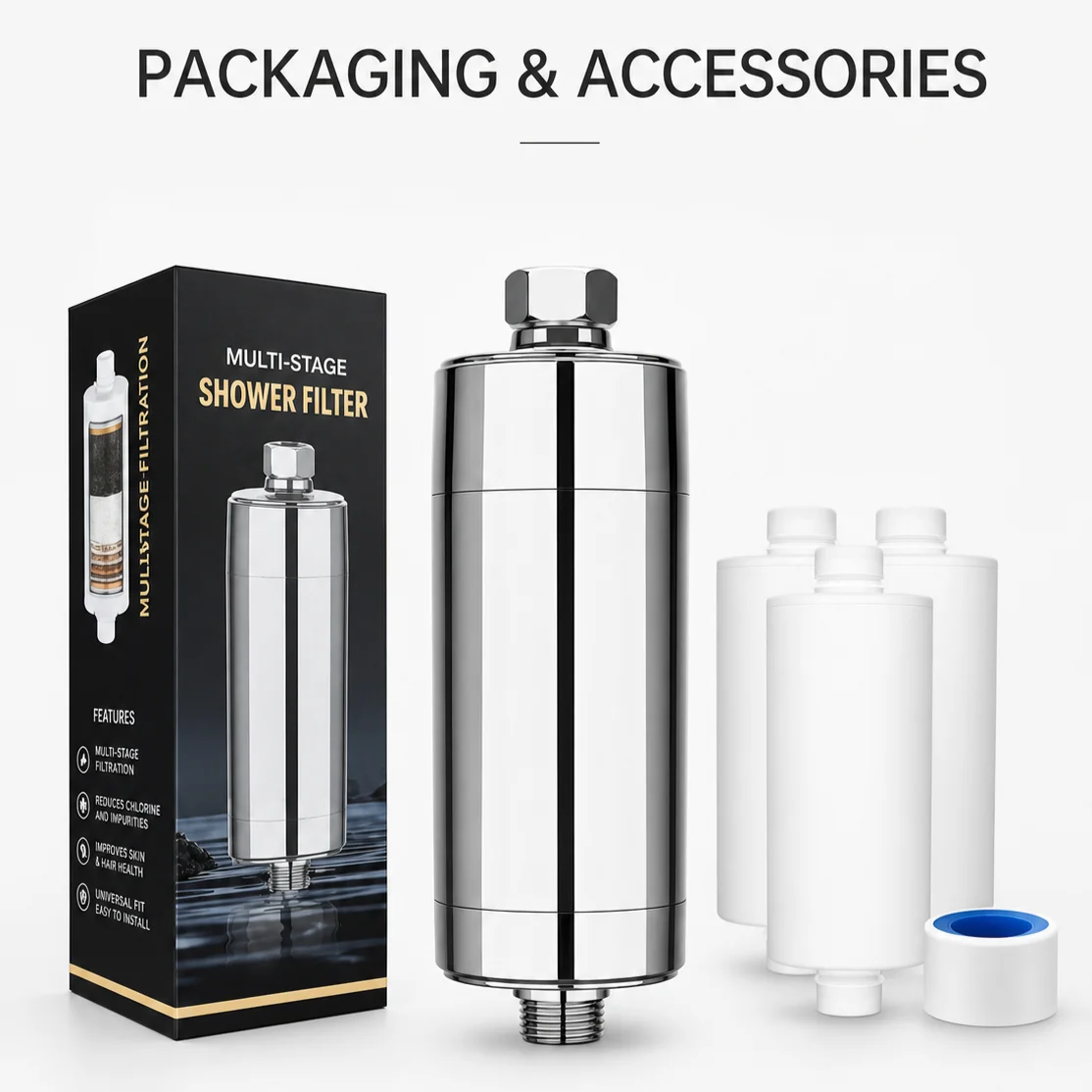 Douche Beauty Filter, vermindert chloor en zware metalen, verzacht, verzorgt hoofdhuid & haar, verzorgt droge, jeukende huid, roos, eczeem, reinigingsmiddel