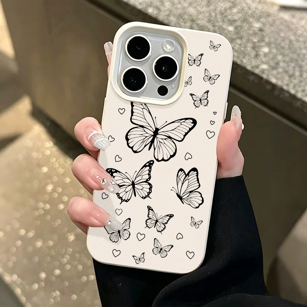 White Butterfly Insect TPU Lychee Pattern Phone Case For 15 16 14 12 13 11 17 Air Pro Max X XR XS 15 16 14 Plus Glitter Cover
