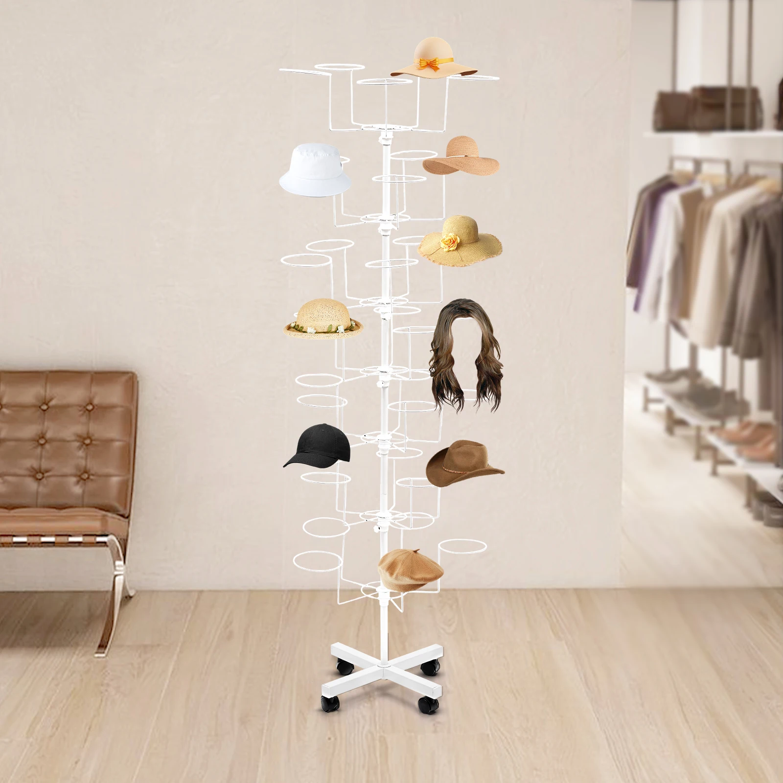 Heavy Duty Hat Coat Rack 4 Wheels 7 Layer Standing Clothes Rack Black White Rotating Hanger Floor Metal