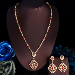 ThreeGraces Elegant Multicolor Cubic Zirconia Long Geometric Necklace and Earrings Bridal Wedding Jewelry Set for Women T1040