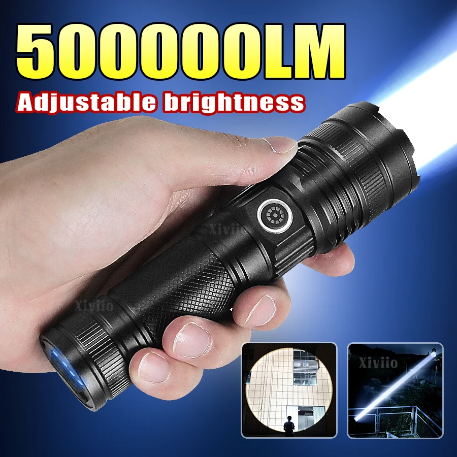 

5000000 Lumen High Strong Power Rechargeable Led Flashlight Built-in Battery Zoom-able Adjustable Brightness Tactical Flashlight