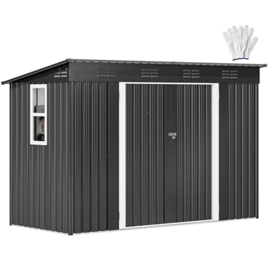 Large 9x4ft outdoor storage shed for garden, patio, garage, backyard, lawn; steel construction, dark gray color, features windo