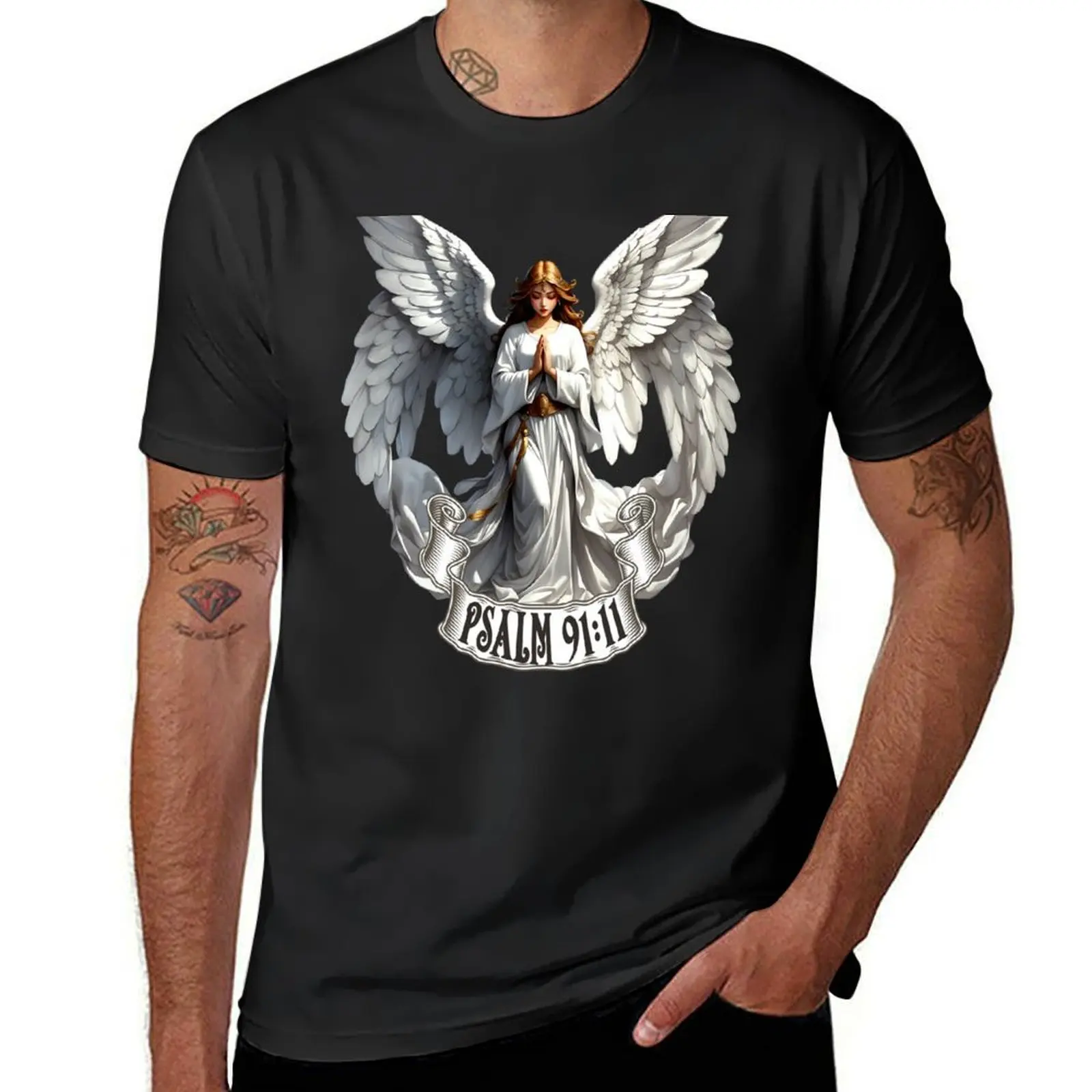 Salmo de oración de Ángel de la guarda para hombre, camiseta cristiana, blusa, ropa kawaii, 91:11