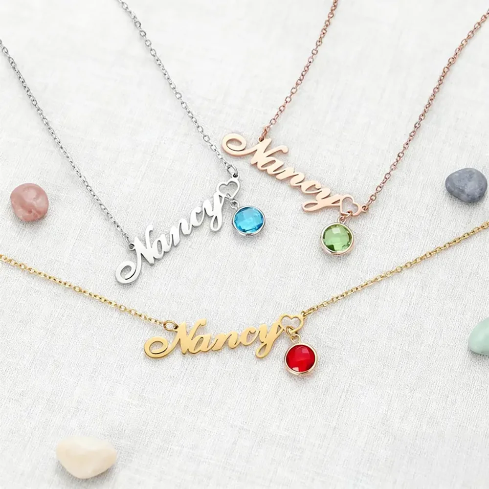 3 Colors Custom Cursive Name Birthstone Necklace Stainless Steel Gold Silver Rose Gold Custom Birth Crystal Tiny Female Accessor