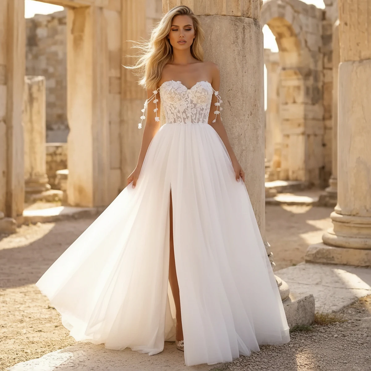 

Romantic Appliques Lace Tulle Ball Gown Wedding Dress With Slit Long Sweetheart Bridal Party Gown For Women Vestidos Novia