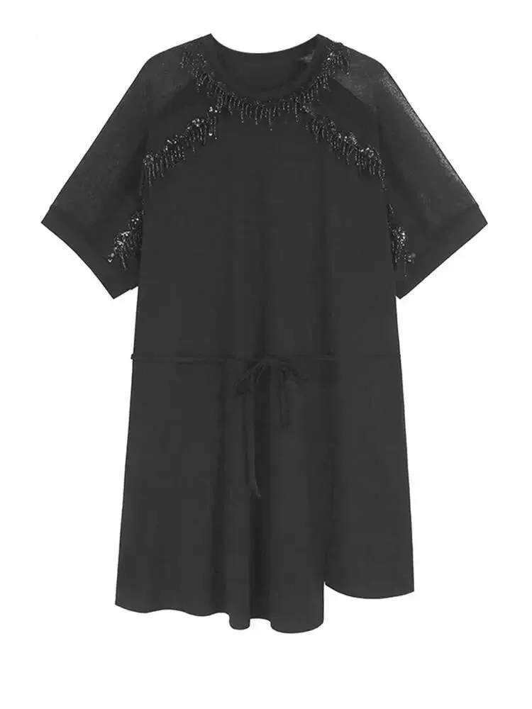 

Women Black Sequins Tassels Mesh Big Size Knee Length Dress New Round Neck Short Sleeve Fashion Spring Summer