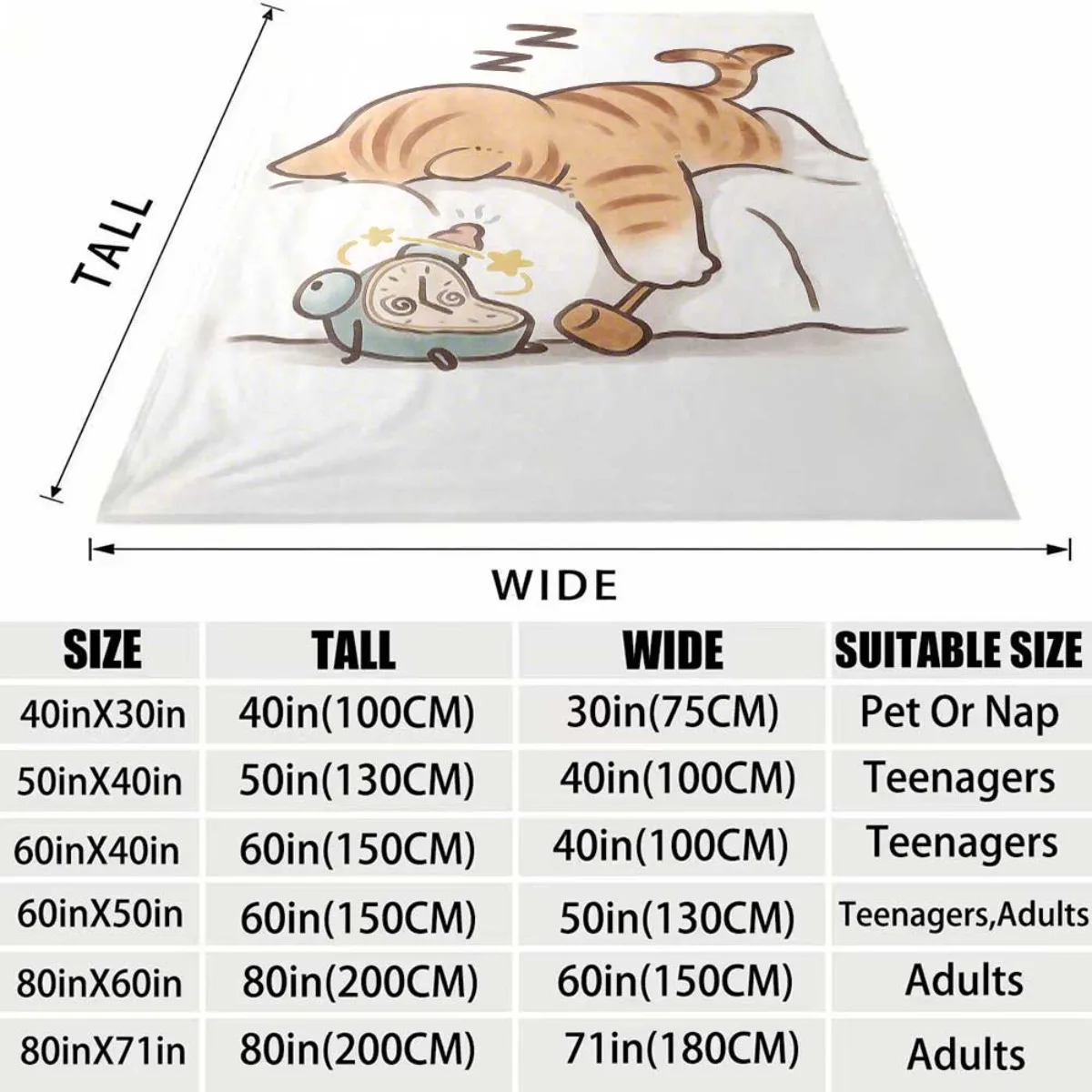 Funny Sleepy Tabby Cat Flannel Blanket Soft Cozy Throw Blanket Cute Cartoon Kitten Hit Alarm Clock Print Bed Cover Home Decor