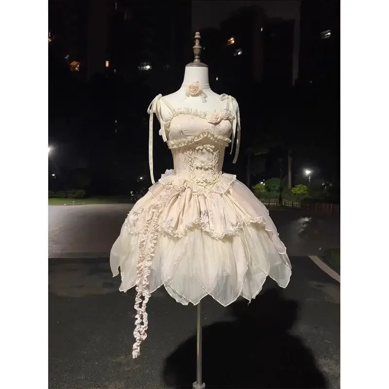 Japanische Ärmellose Gothic Lolita Kleid Set Frauen Harajuku Y2k Bogen Spitze Y2k Mini Kleider Weibliche Elegante Party Nette Kleid