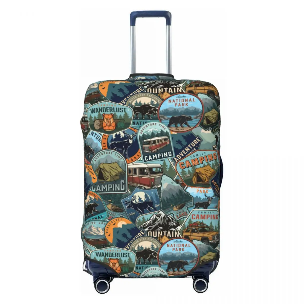 

Vintage National Park Camp Badge Outdoor Seamless Print Luggage Cover Elastic Travel Suitcase Protective Covers Fits 18-32 Inch