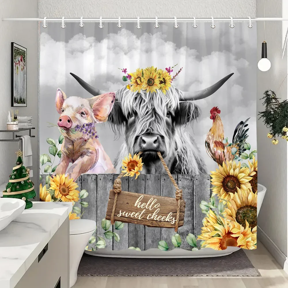 Funny Highland Cow In Bathtub Shower Curtain Green Plants Eucalyptus Leaves Sunflower Lavender Shower Curtains Bathroom Decor