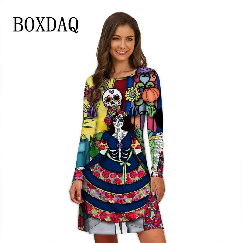 2022 Autumn Women Bohemian Print Dress Vintage Painting A-Line Dress Casual Halloween Skull Party Mini Dress Oversized Clothing