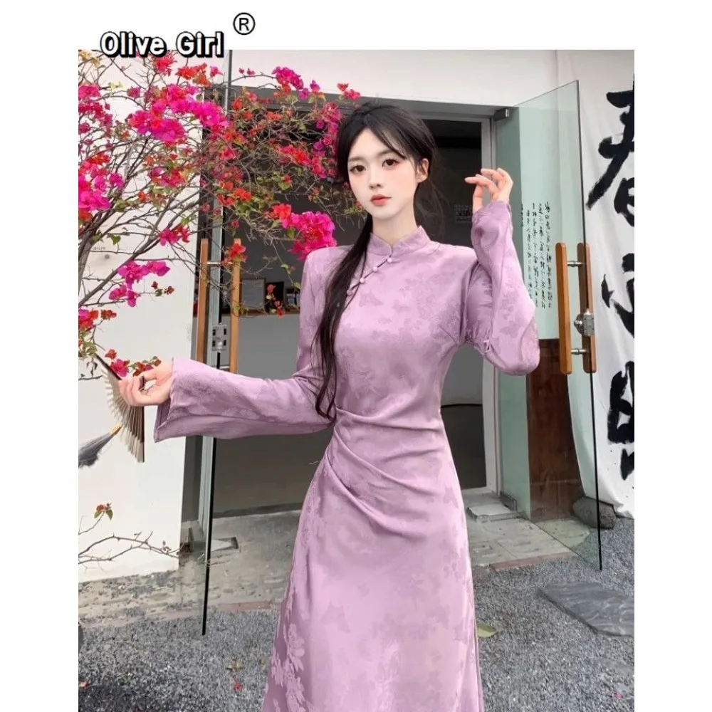 

Китайское платье Cheongsam Qipao с пряжкой и воротником-стойкой, весна-осень 2022, улучшенное талию, женское длинное платье Cheongsam