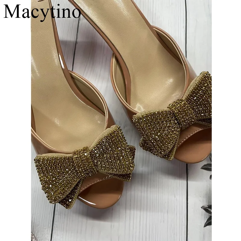 2024 Gemstone Rhinestone Bow Ladies High Heel Slippers round Toe Stiletto Fashion Party High Heel Slippers