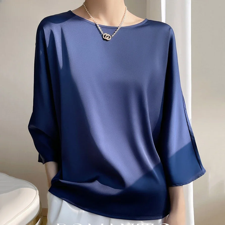 New High Quality Summer Elegant O-neck Plus Size Silk Satin Blouse Women Shirts Office Ladies Loose Tops Haut Femme 6 Colors