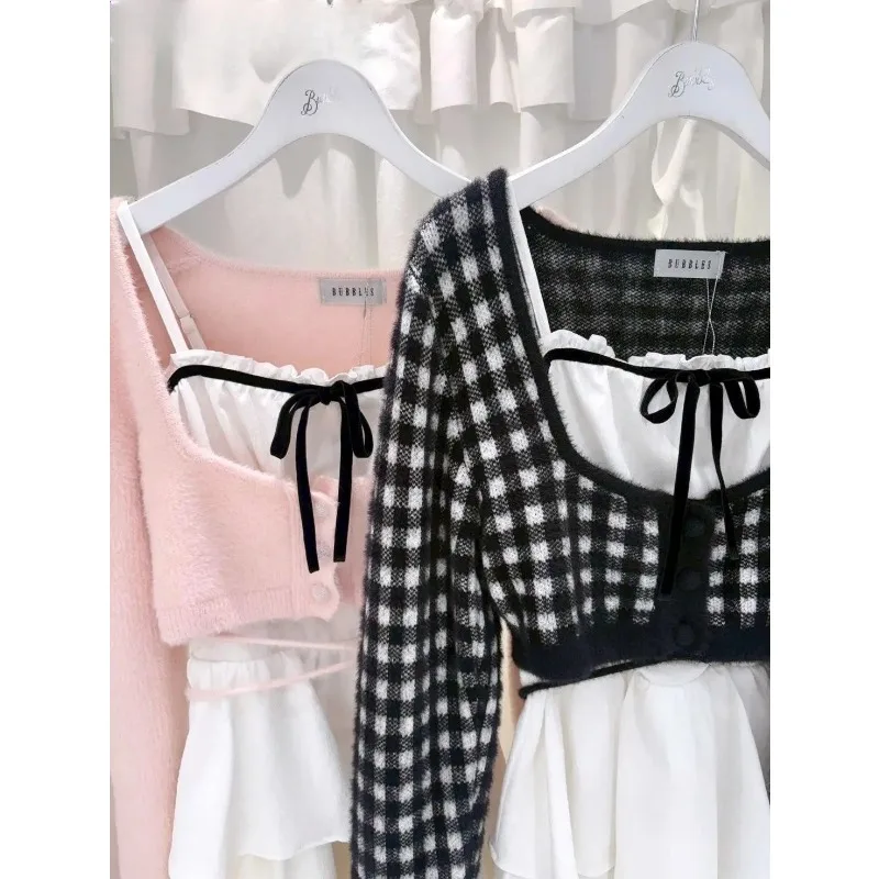 

2026 Spring New Sweet Cute Style High Waist Lace-up Ruffle Dress and Long Sleeve Cardigan Fashion Versatile Two-piece Set